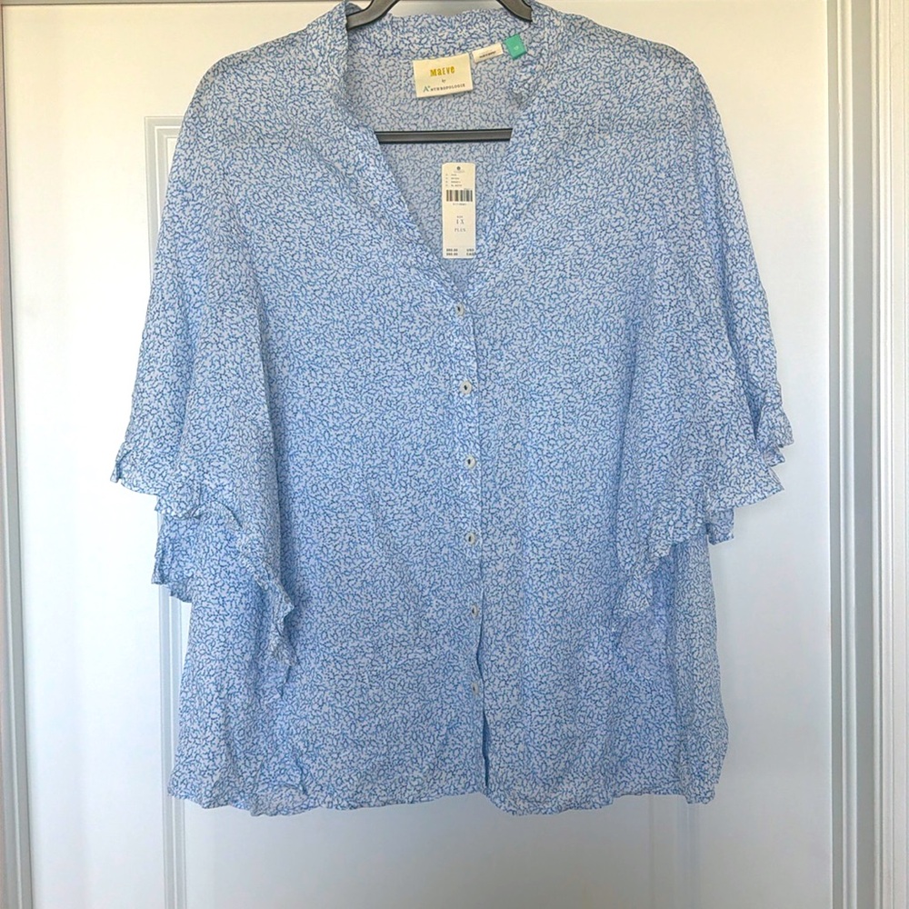 Anthropologie Maeve Blue Floral Button Up Blouse * NWT* 1X